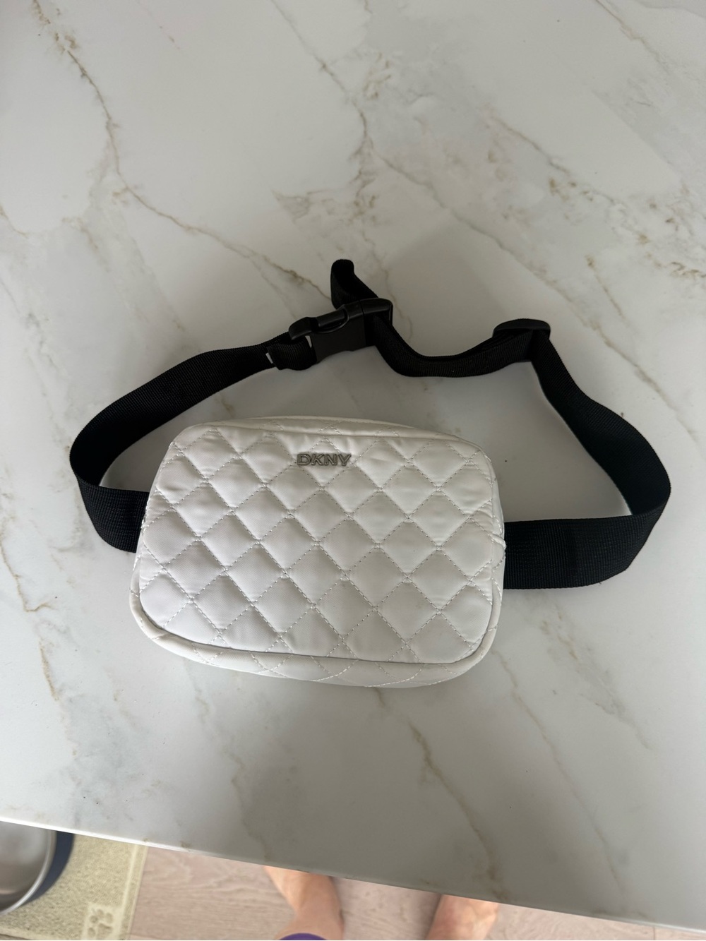 DKNY White Quilted Crossbody Belt Bag with Black Strap